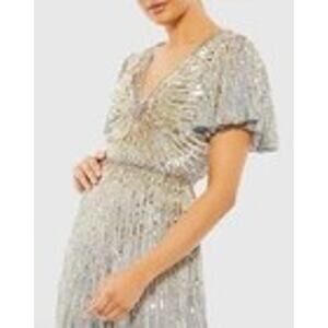 Mac Duggal 5538 Silver Gray Sequin Formal 10 V Butterfly Sleeve Dress Gown $595